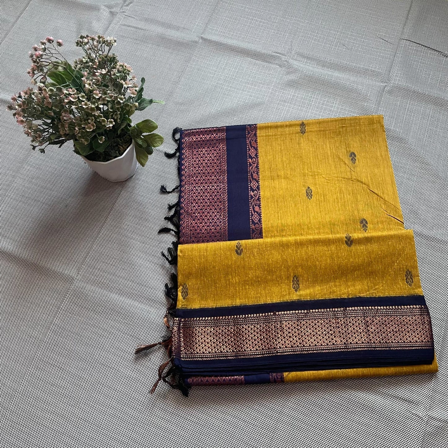 Yellow and Blue Kalyani Cotton Saree with Gold Zari Work
