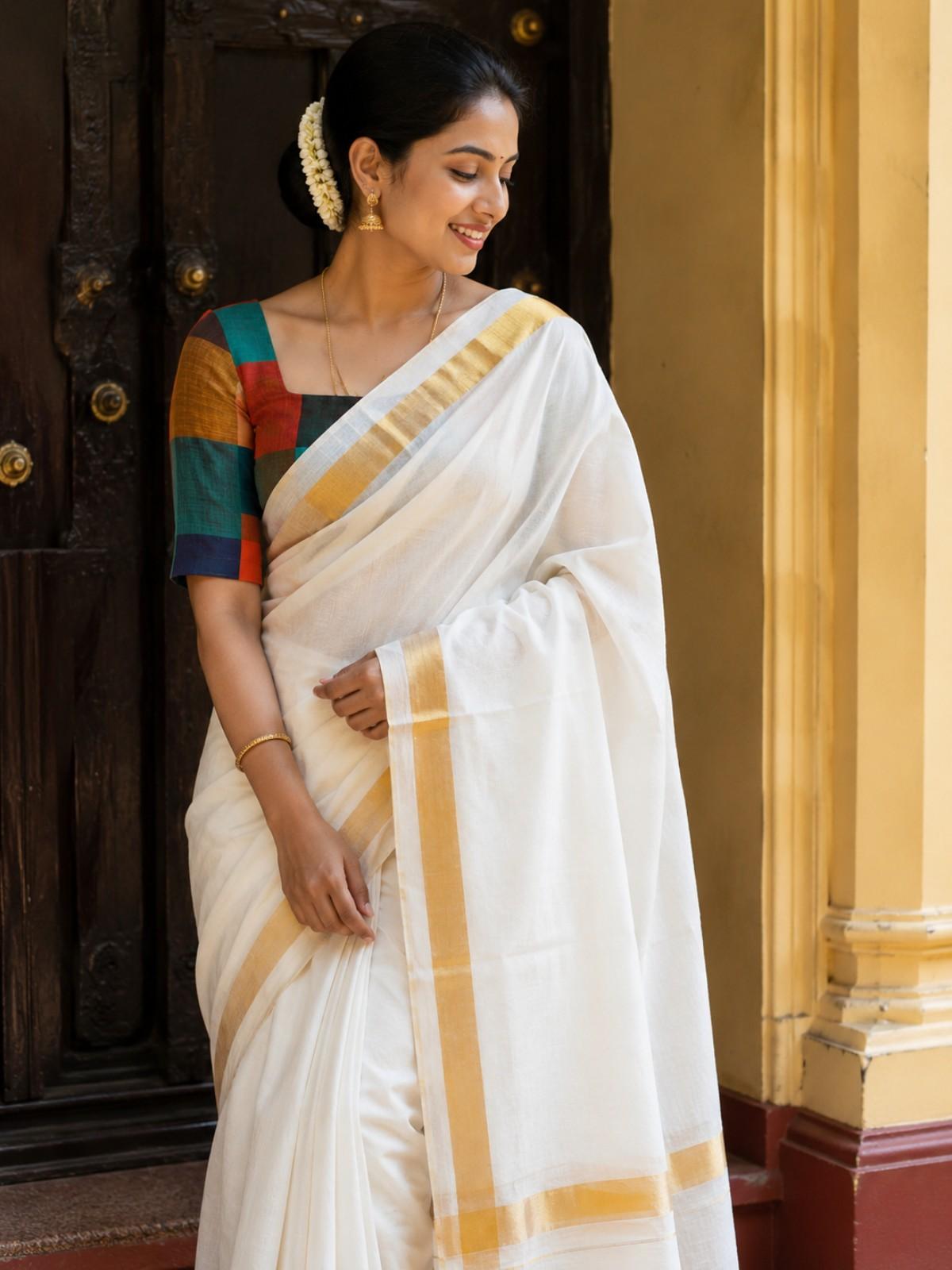 Onam Off-White Cotton Saree With Yellow Border