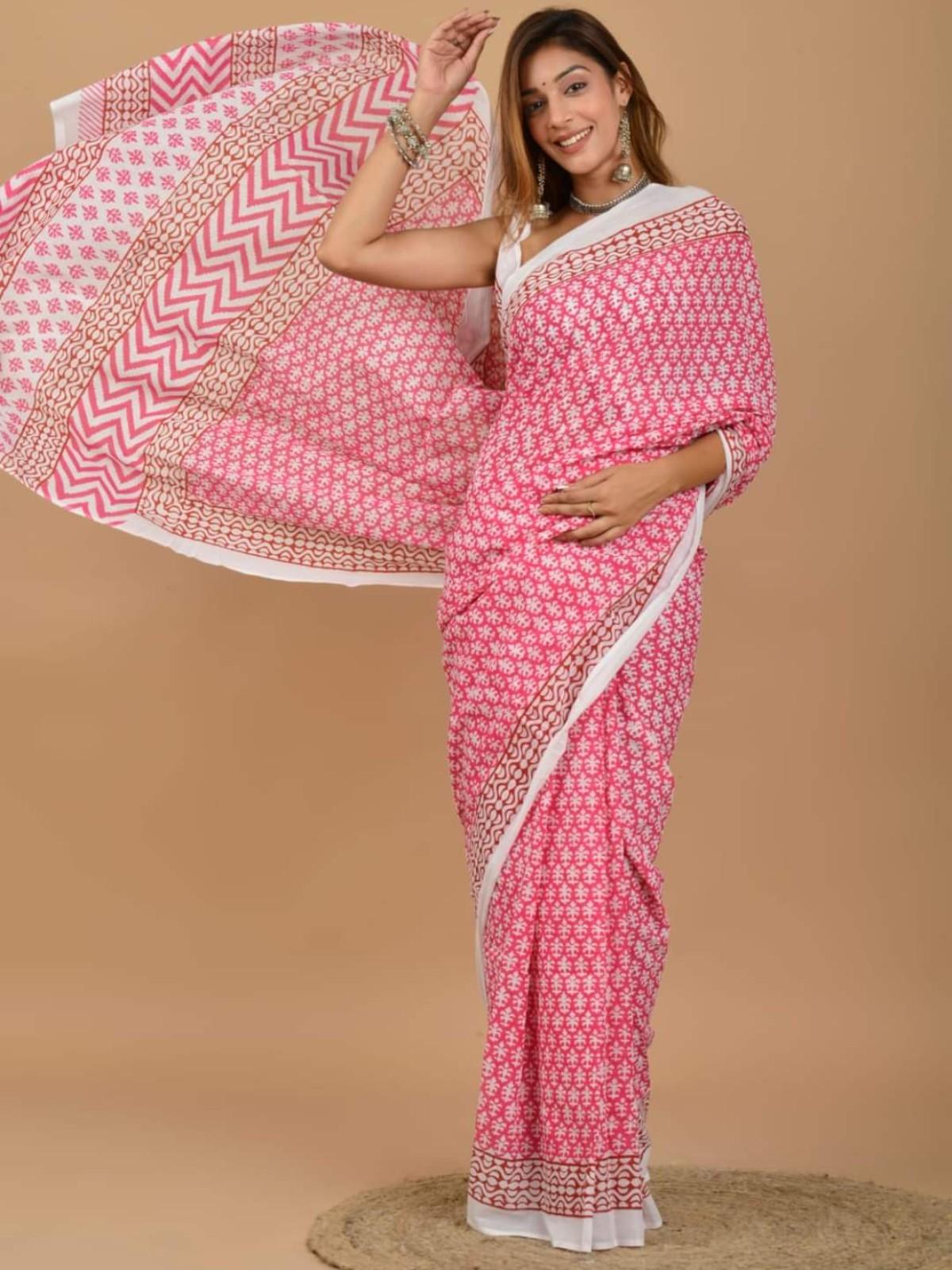 Mul Pink Floral Print Cotton Saree