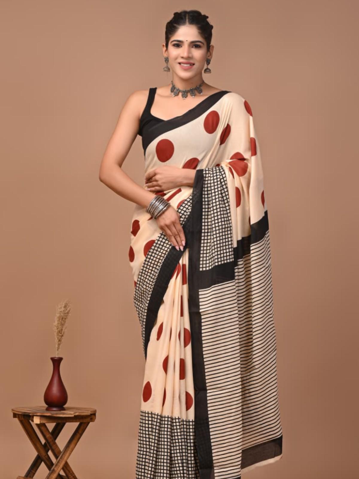 Mul Beige Polka Dot Striped Saree