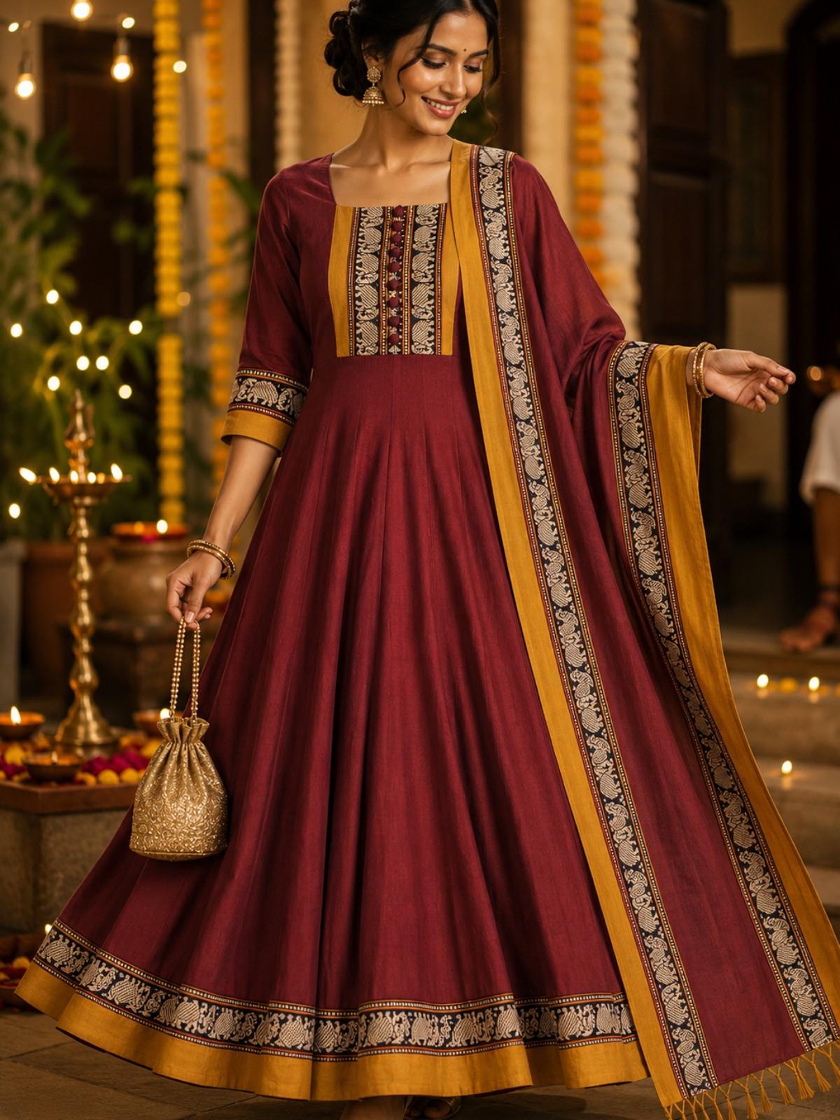 Narayanapet  Maroon Narayanapet Cotton Anarkali Suit Set
