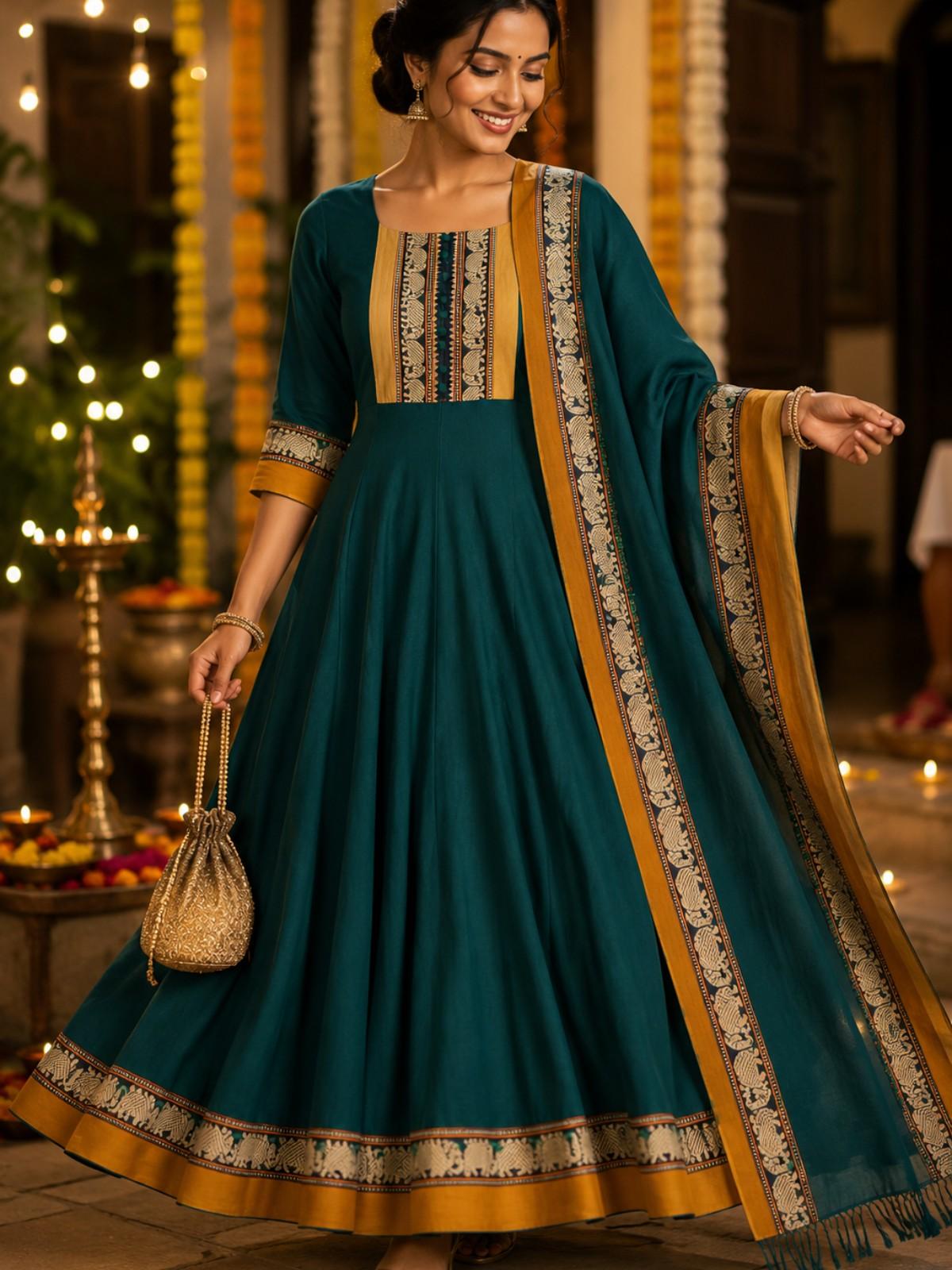 Narayanapet  Teal Anarkali Suit With Gold Border Set