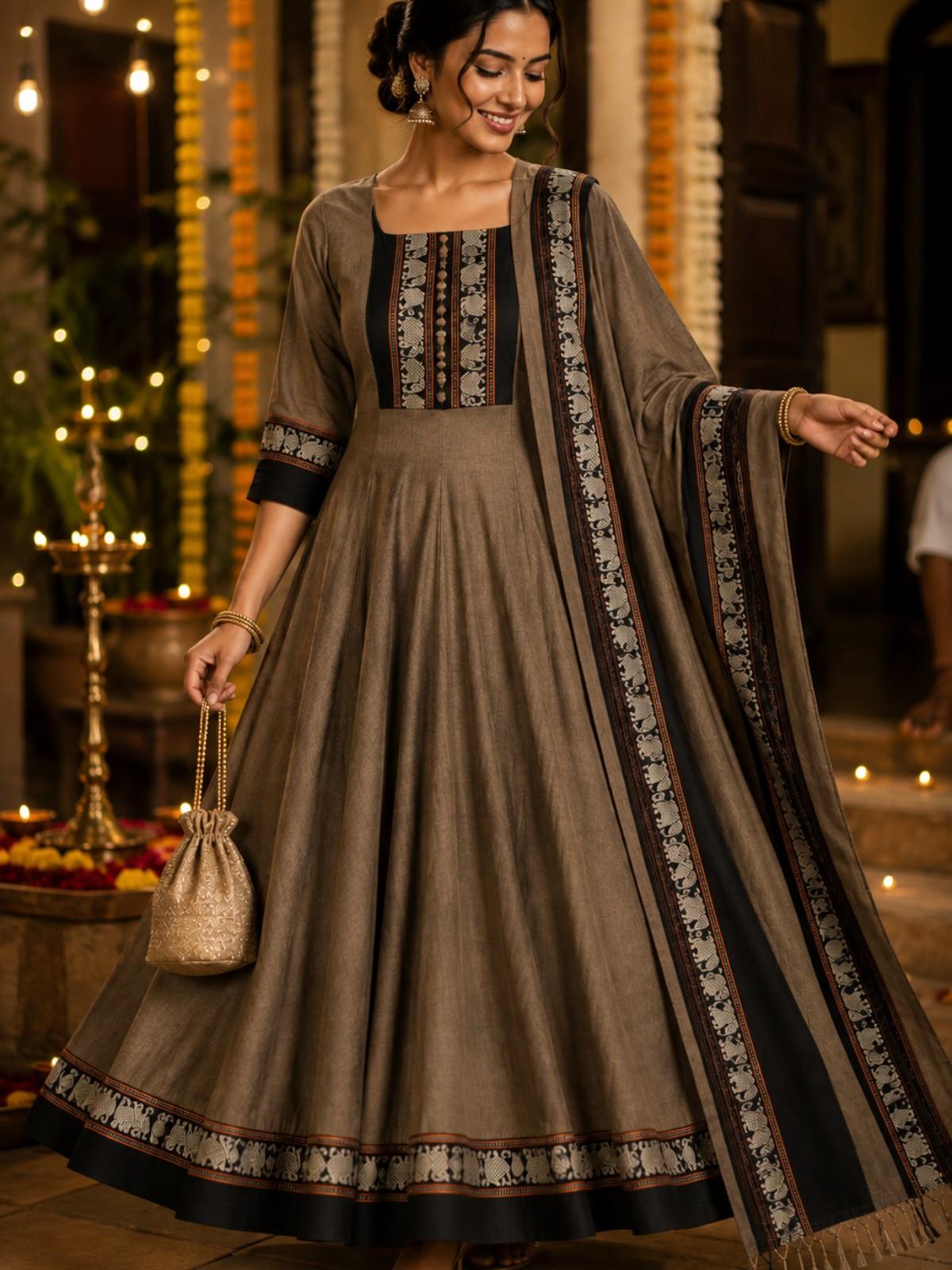 Narayanapet  Brown Narayanapet Cotton Anarkali Suit Set