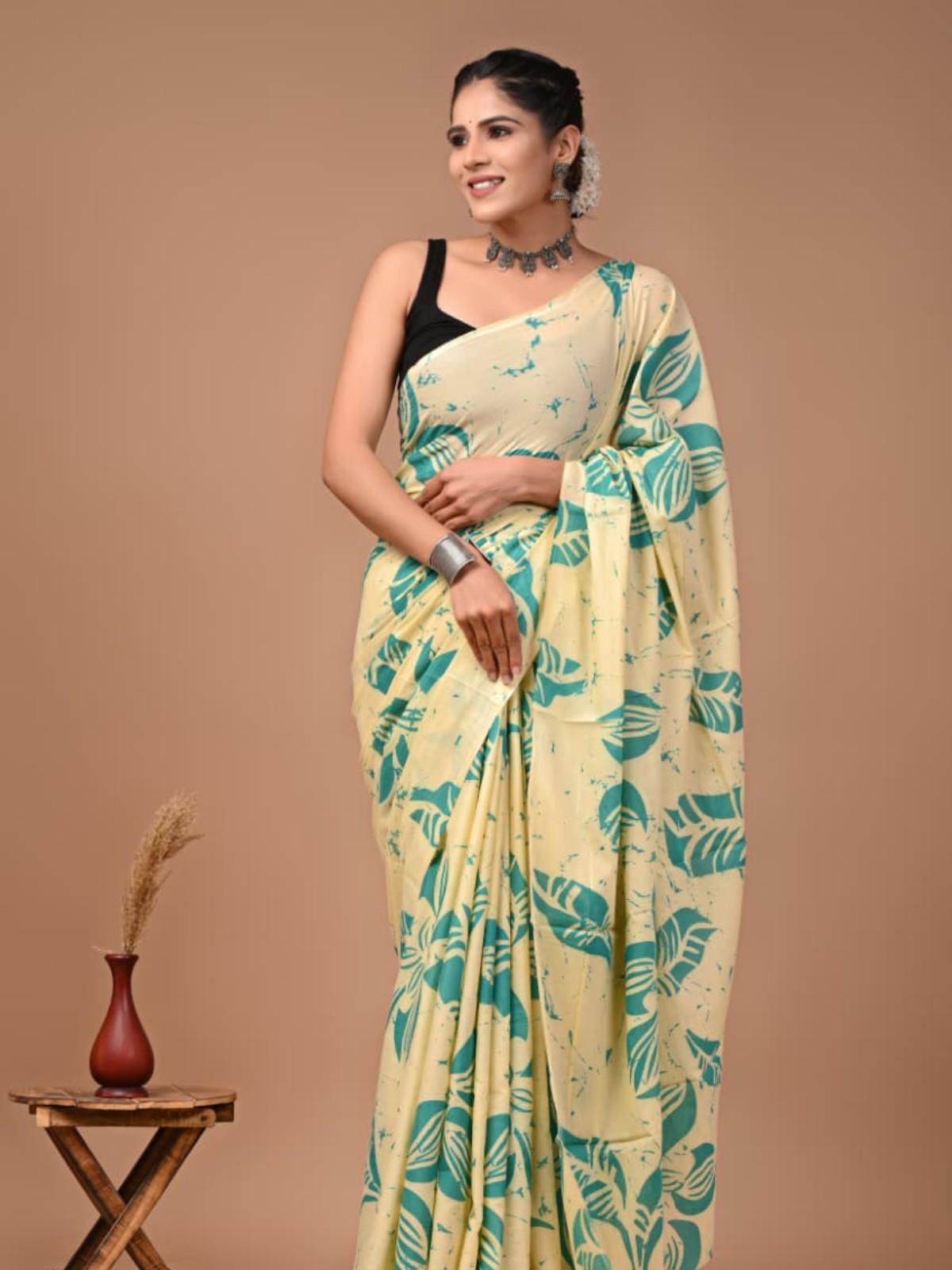 Mul Yellow And Teal Leaf Print Cotton Saree