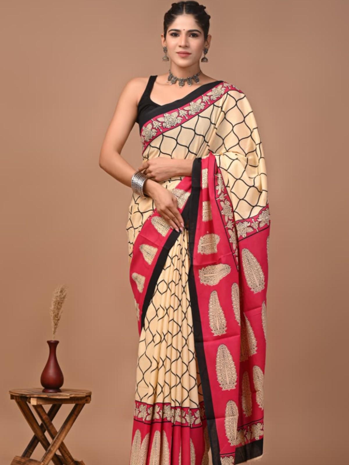 Mul Beige Black Net Print Saree