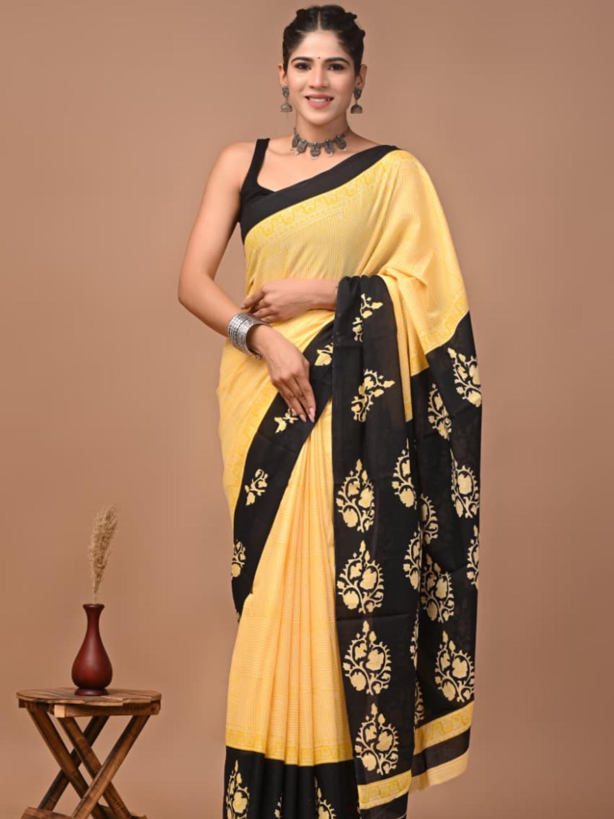 Mul Yellow & Black Floral Print Saree