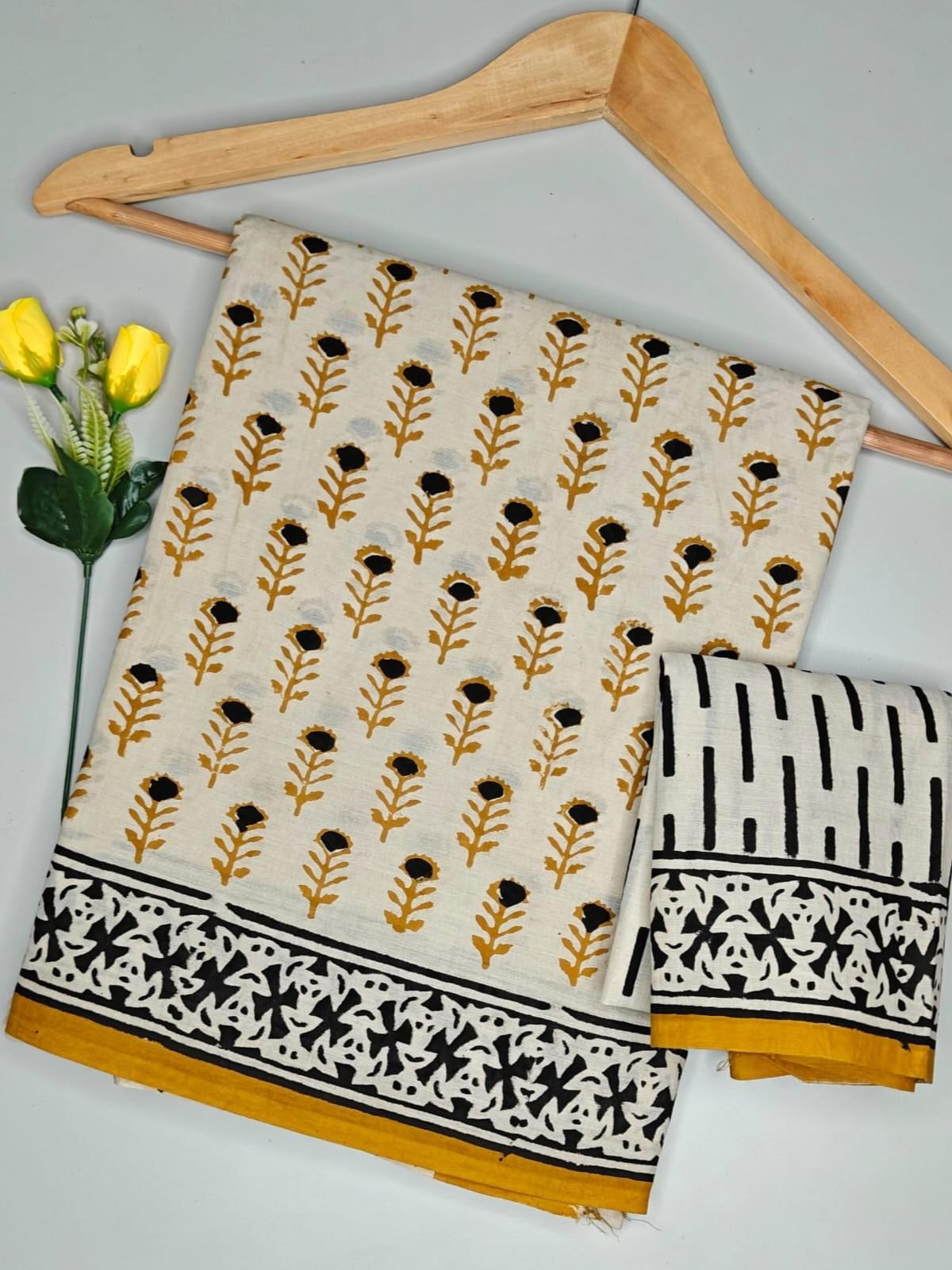 Hand Block Off-White Floral Print Cotton Saree