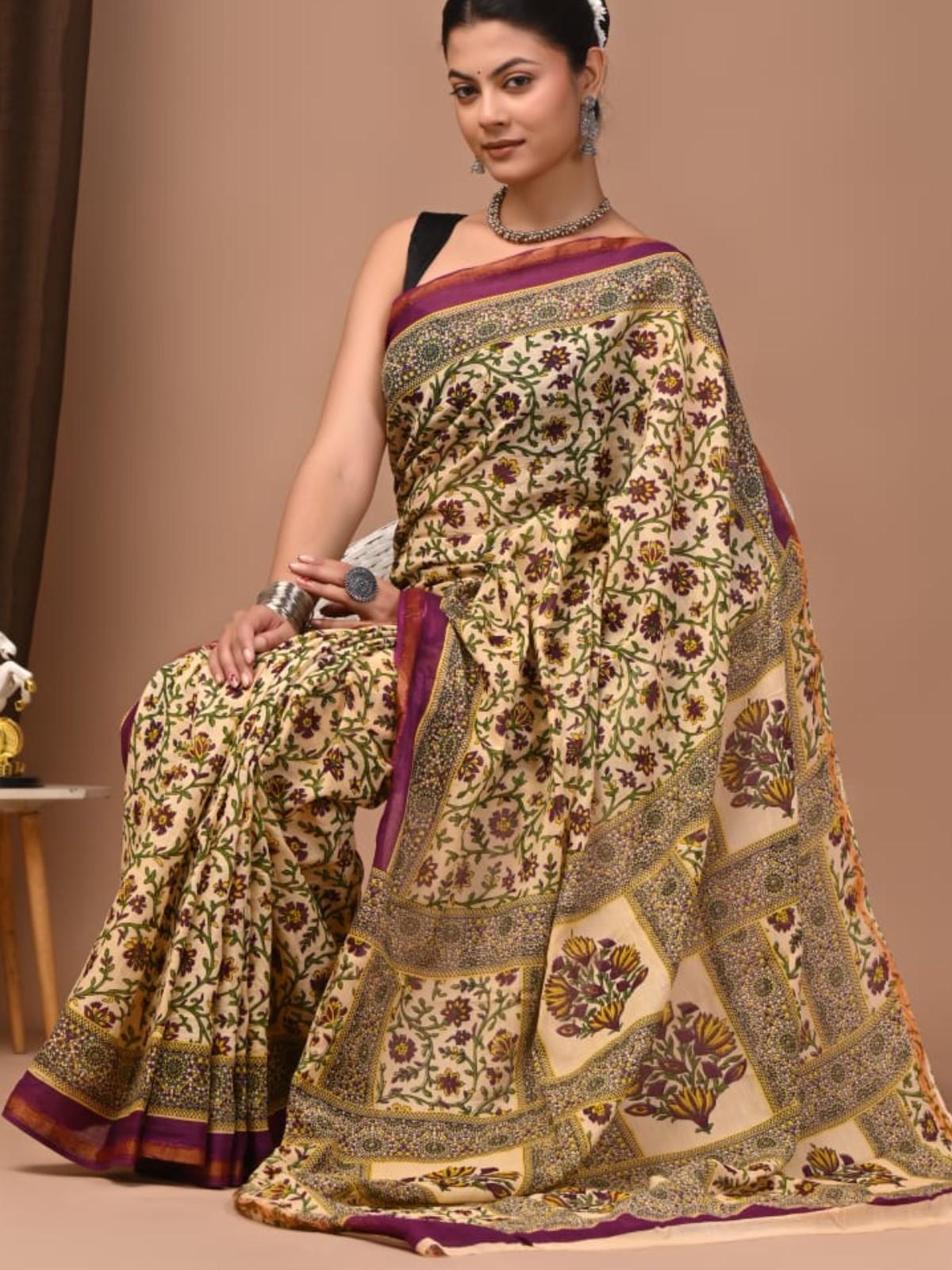 Beige Floral Print Saree