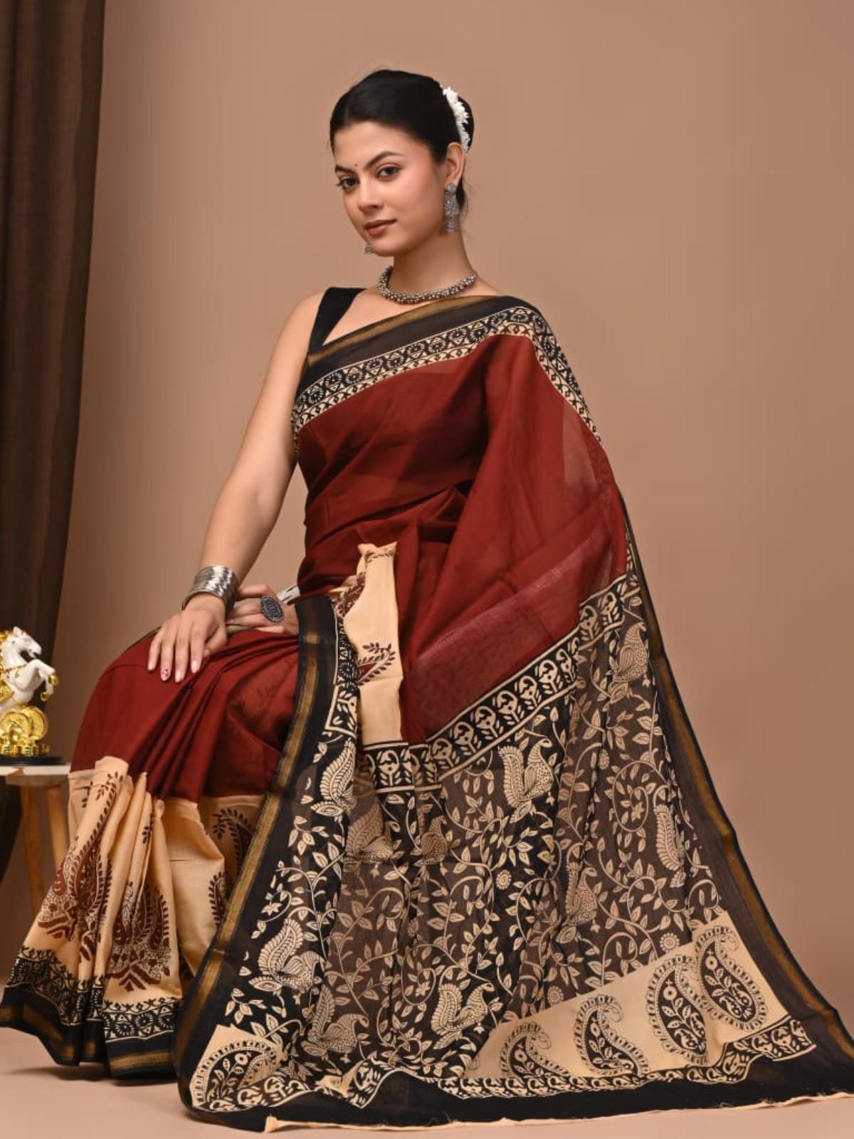 Maroon Black Beige Printed Saree