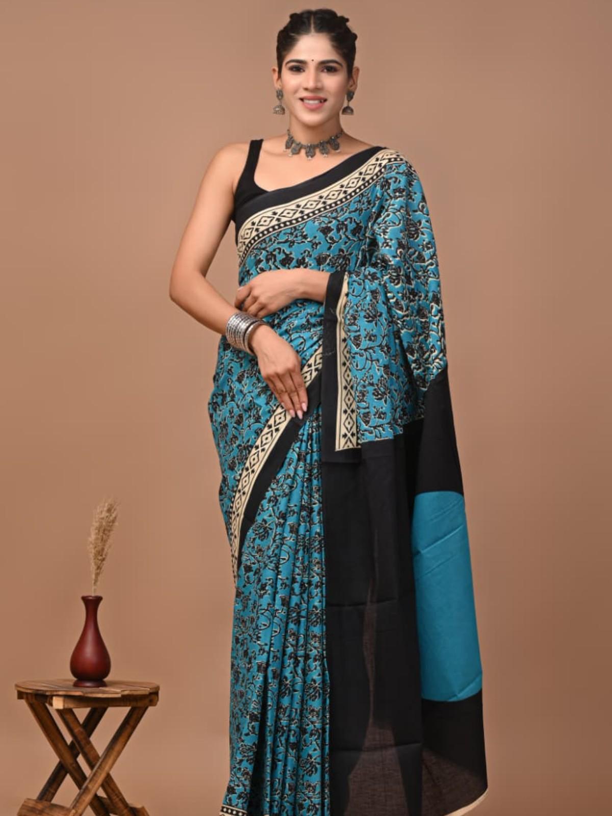 Mul Teal Black Floral Printed Saree