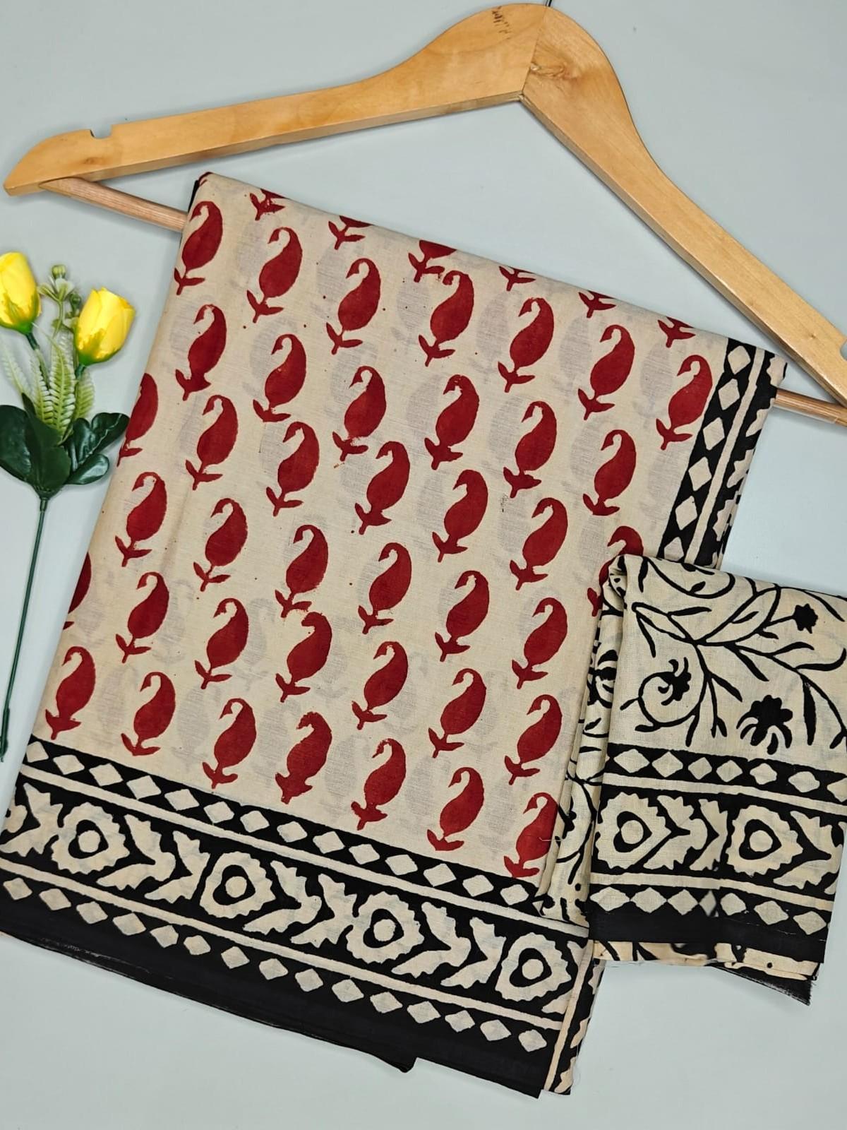Hand Block Beige Red Manga Print Cotton Saree