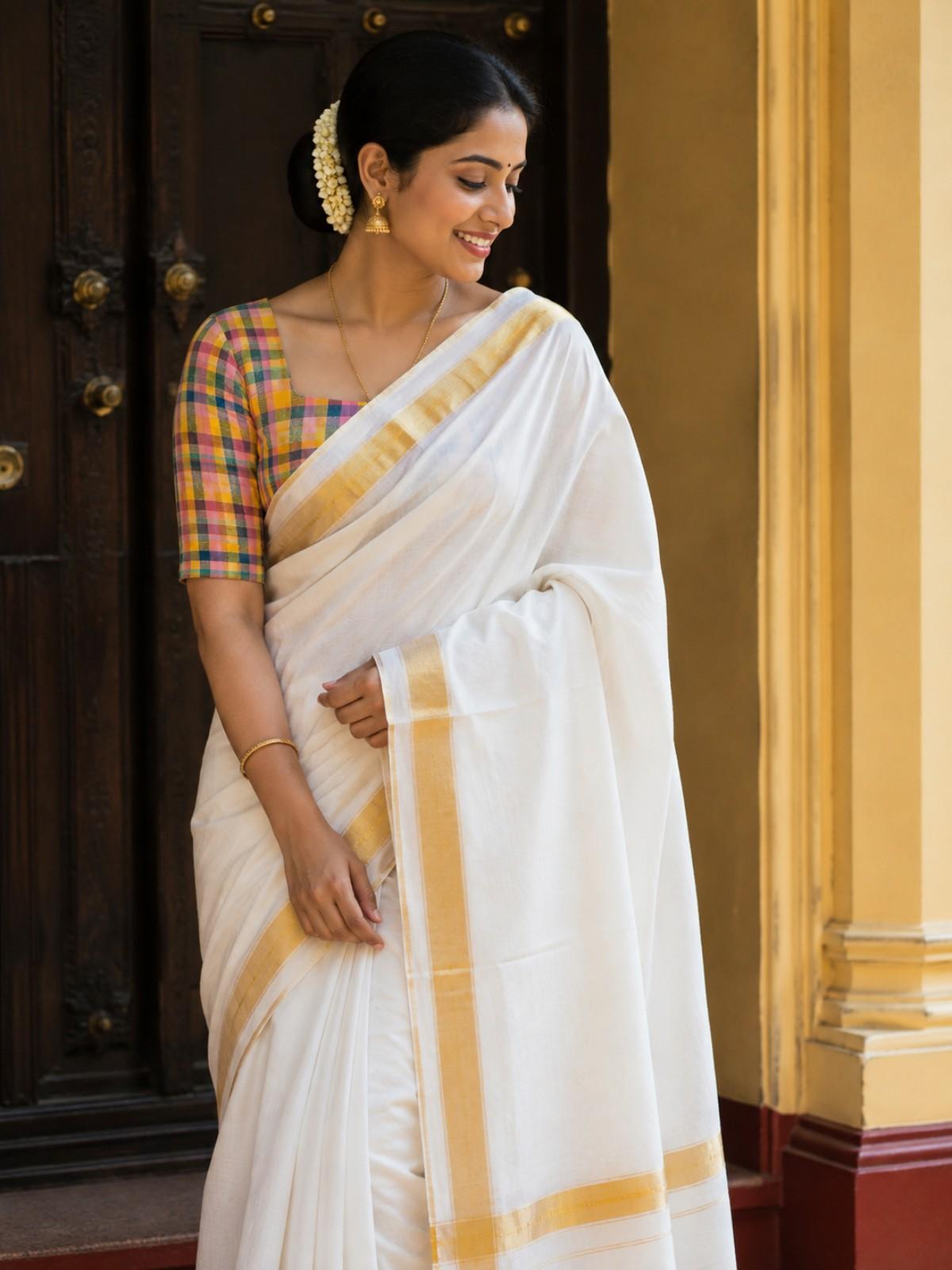Onam White Cotton Saree With Gold Border