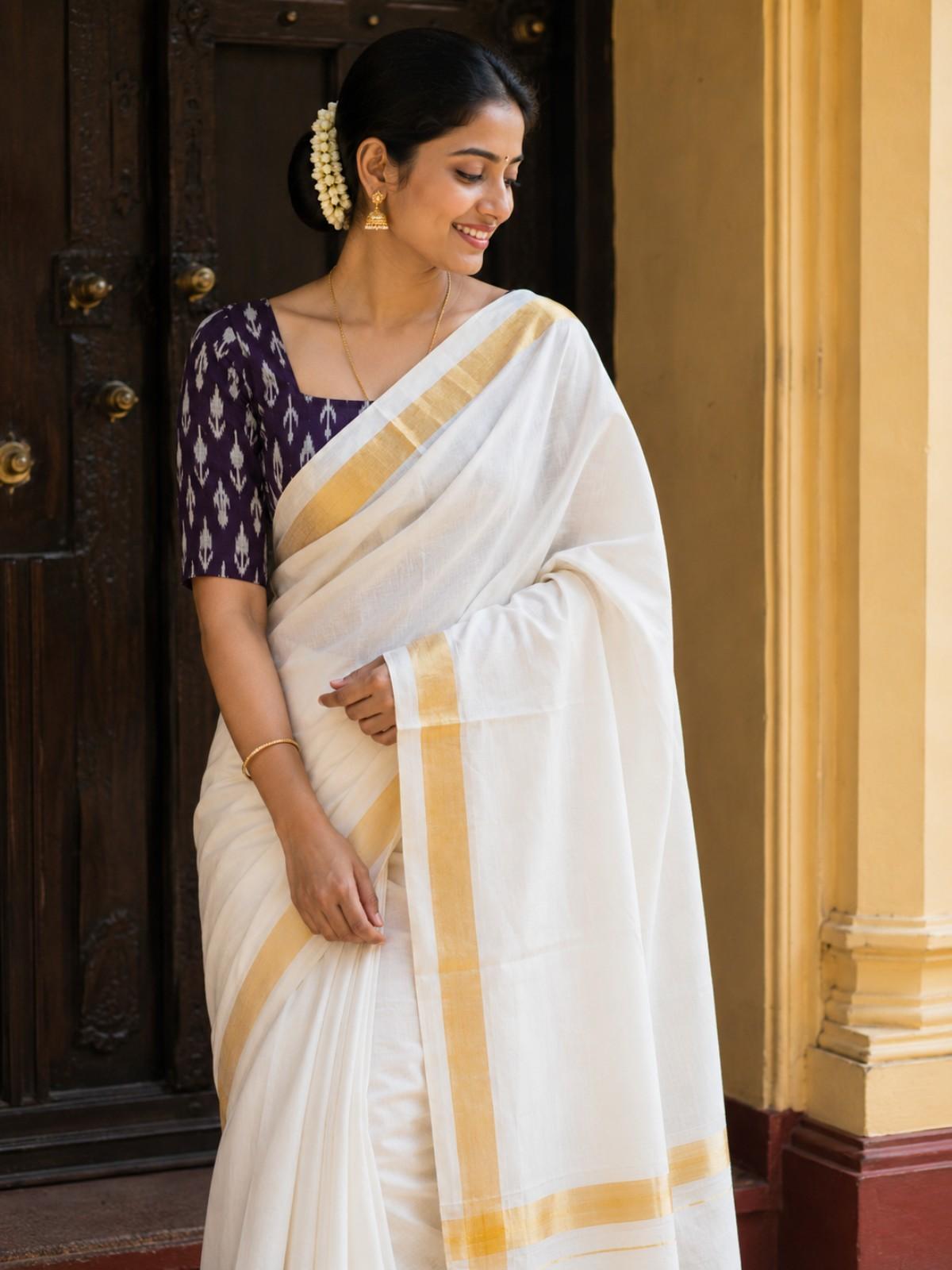 Onam White Cotton Saree With Gold Border