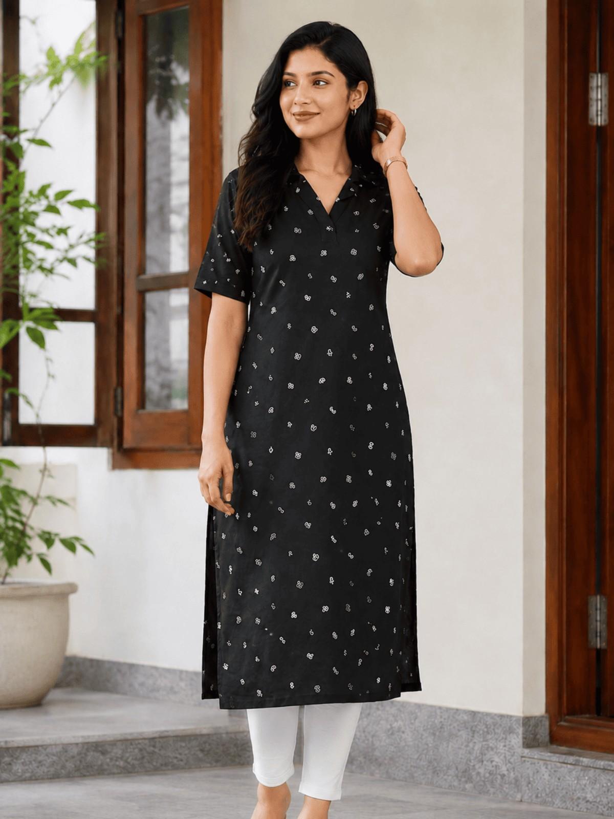 Black Printed Straight Kurti