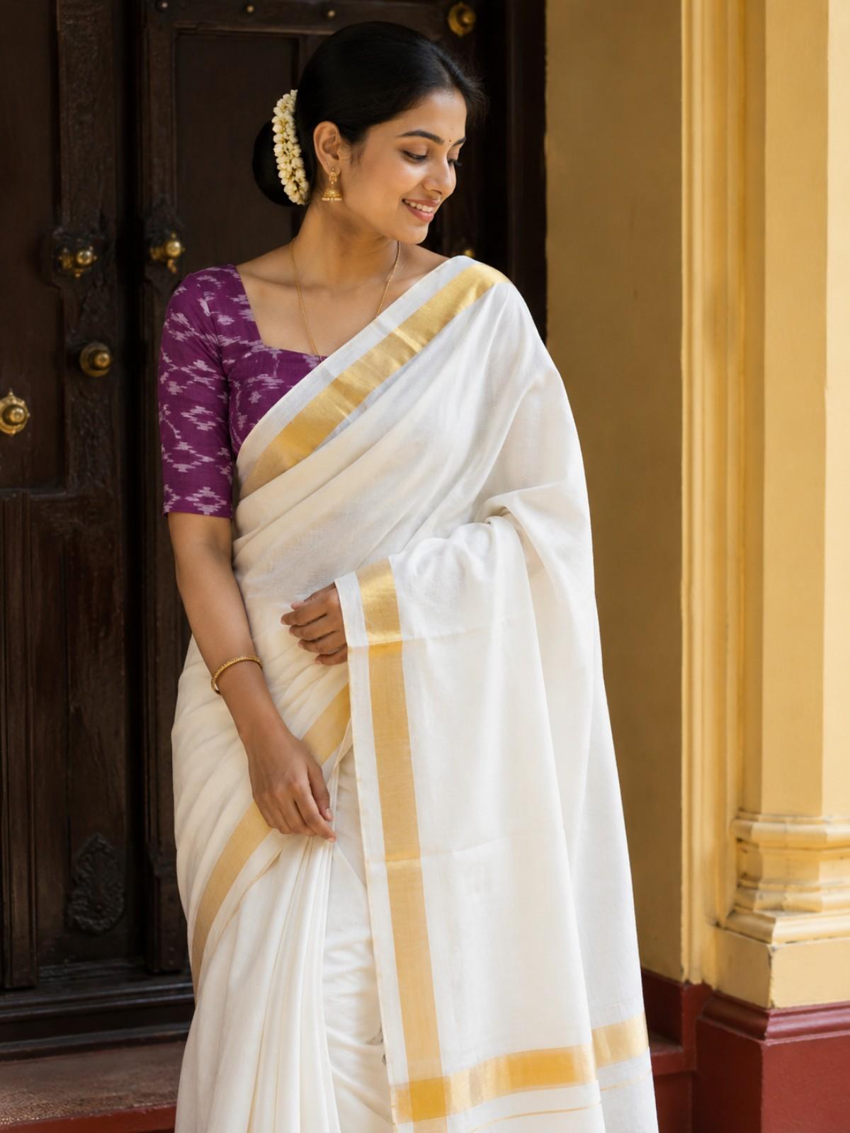 Onam White Cotton Saree With Gold Border