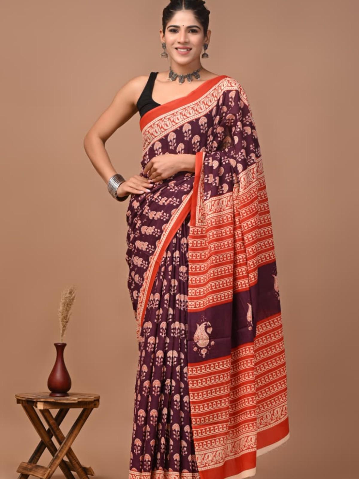 Mul Maroon And Orange Printed Saree