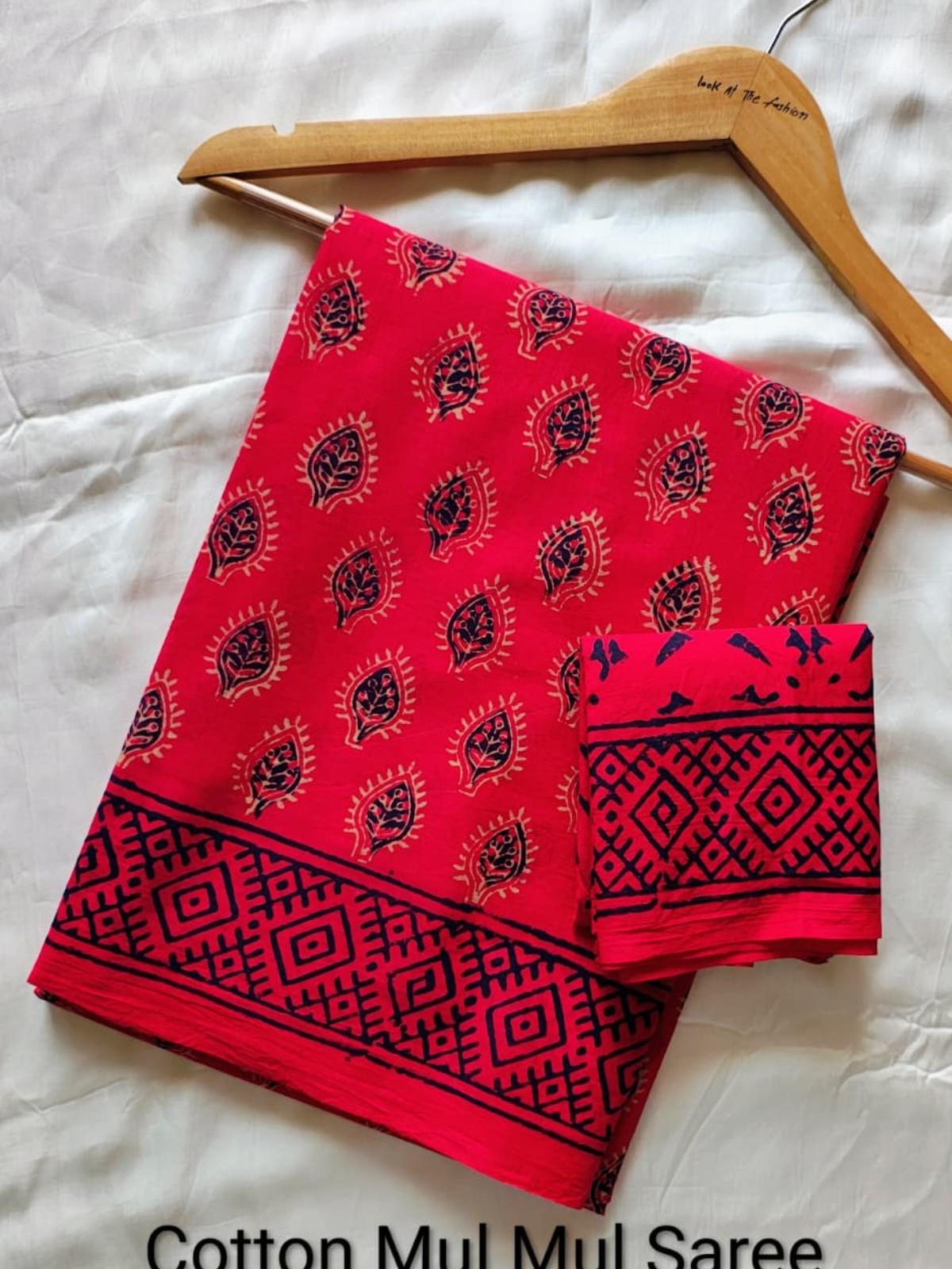Hand Block Red Mul Cotton Block Print Saree
