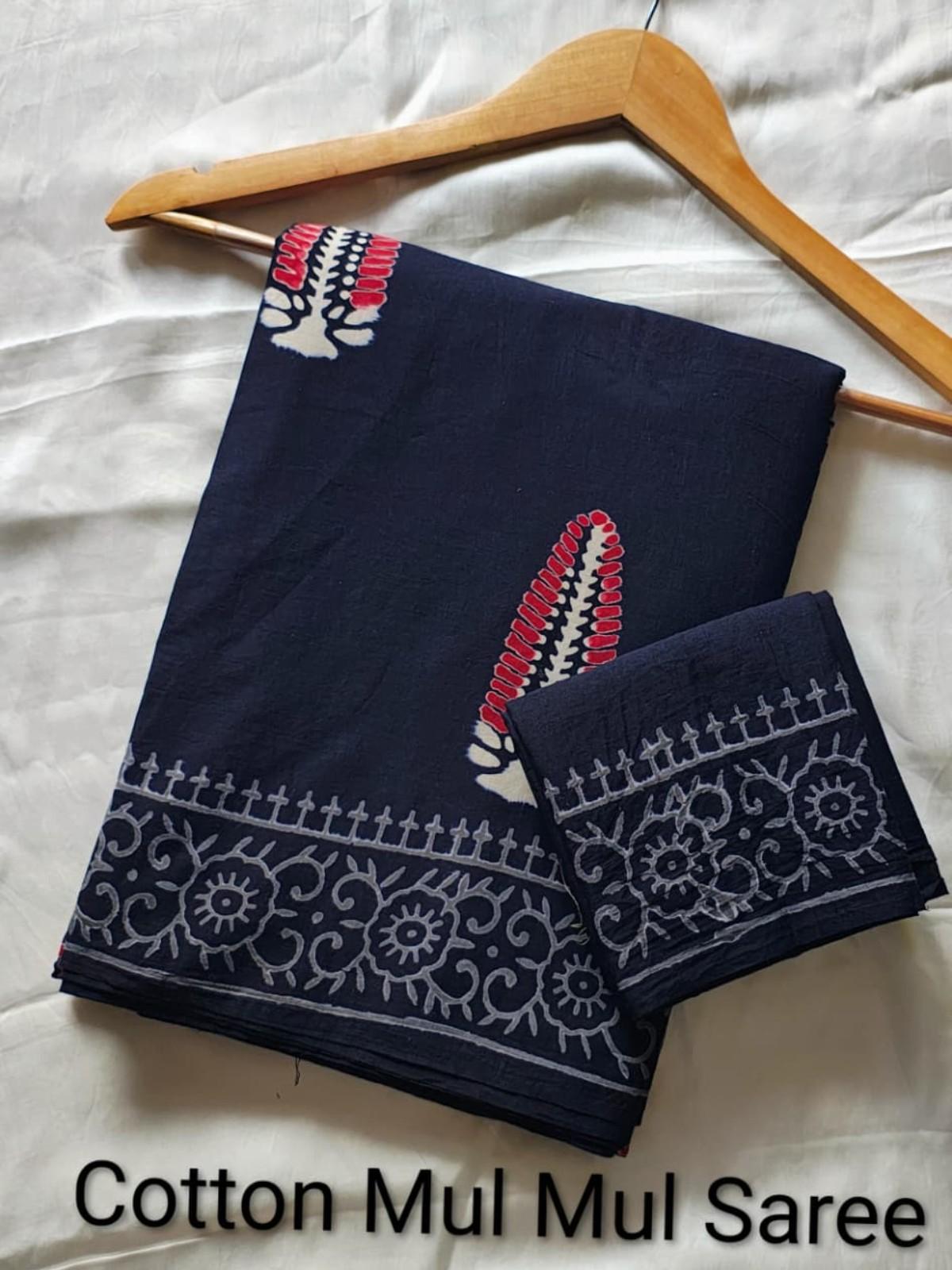Hand Block Navy Blue Mul Cotton Saree
