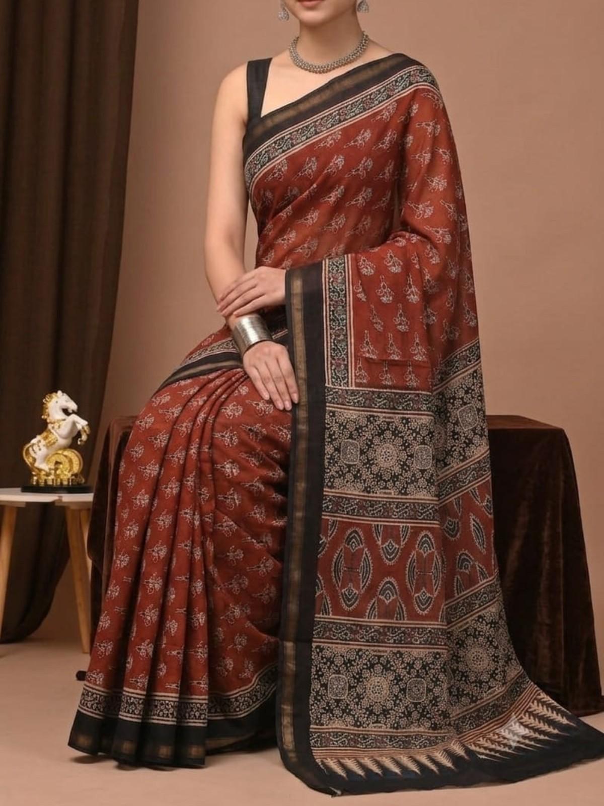 Rust Black Printed Saree