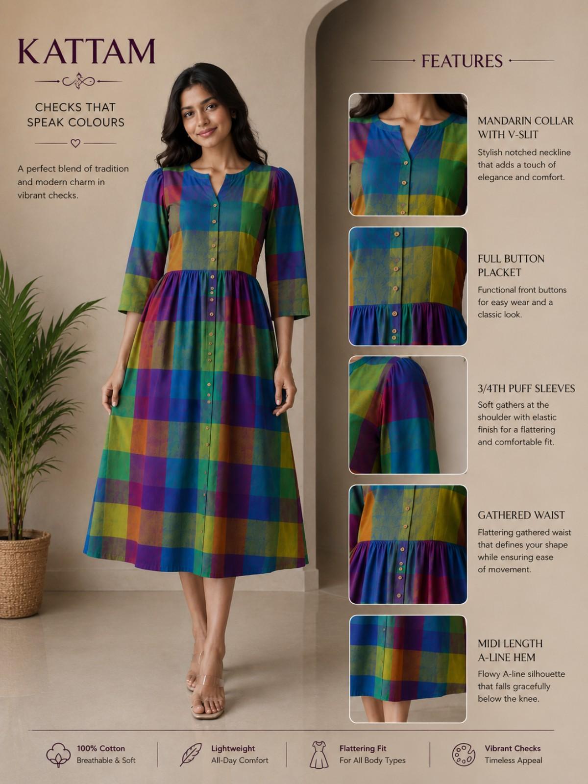 Maxi Kattam Vibrant Checks Cotton Dress