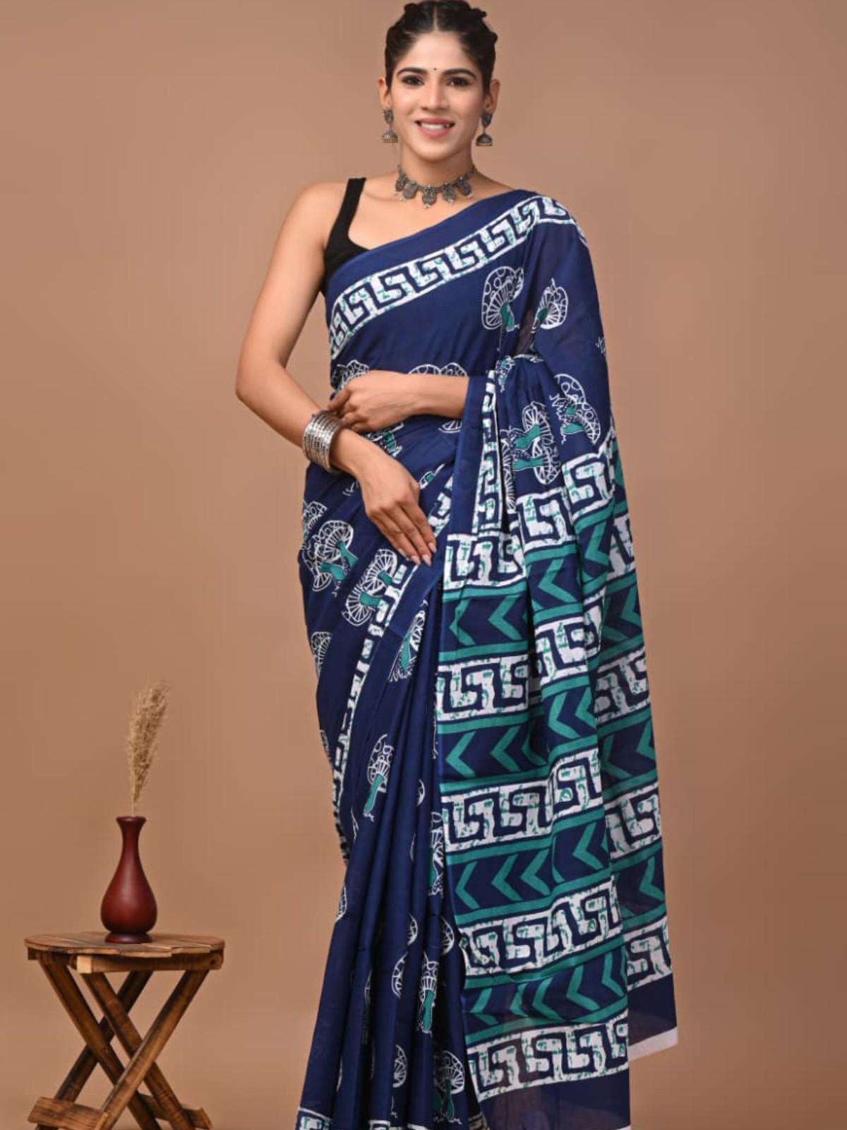 Mul Navy Blue Printed Cotton Saree