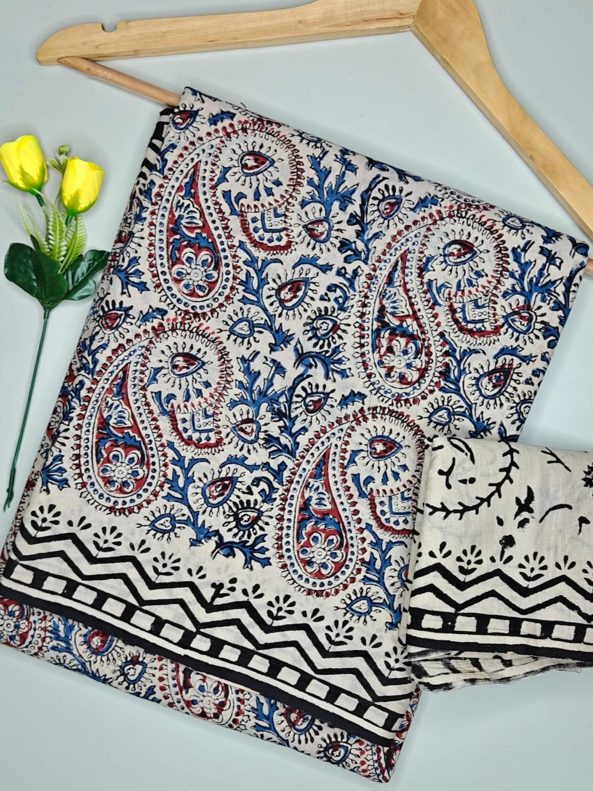 Hand Block Off-White Blue Red Paisley Print Saree