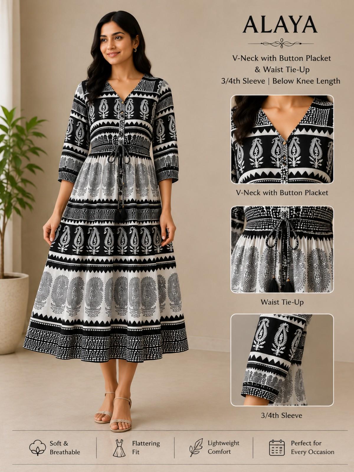 Maxi Alaya Black White Printed Dress