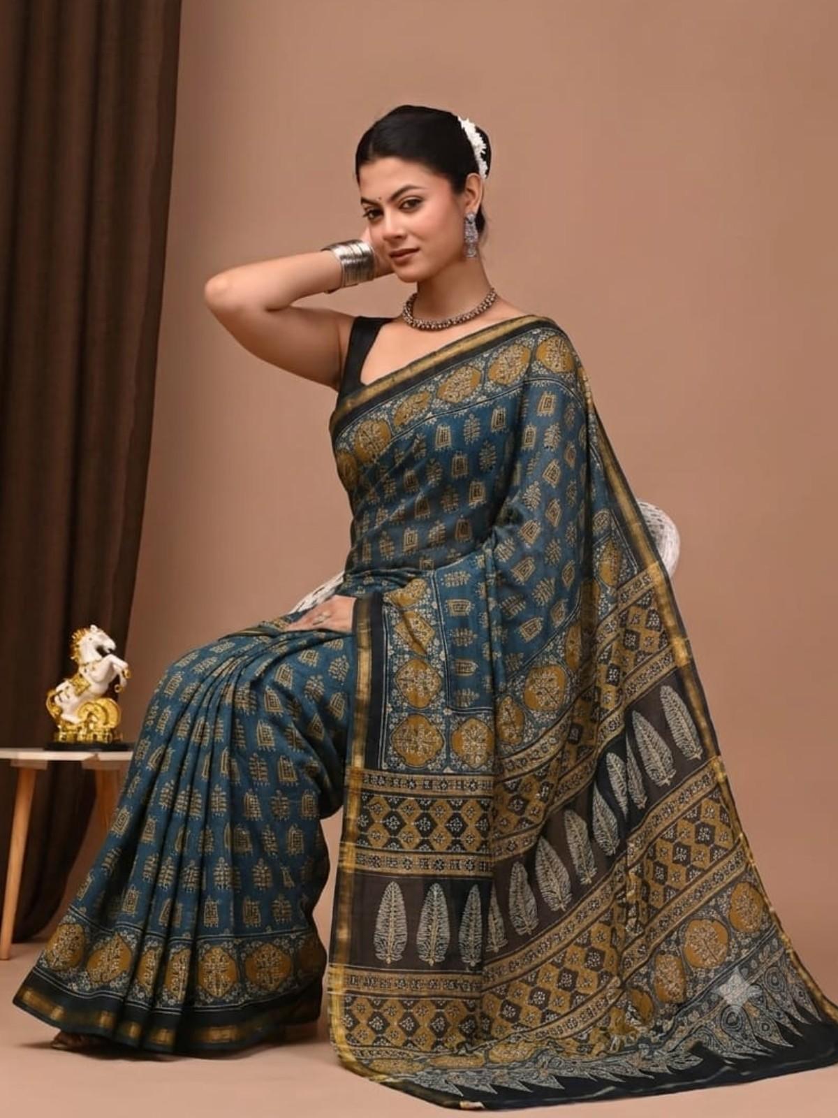 Teal Blue Block Print Saree