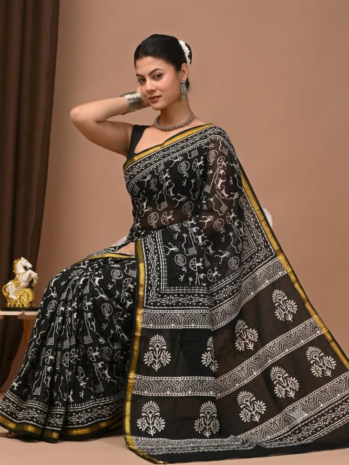 Black White Tribal Print Saree