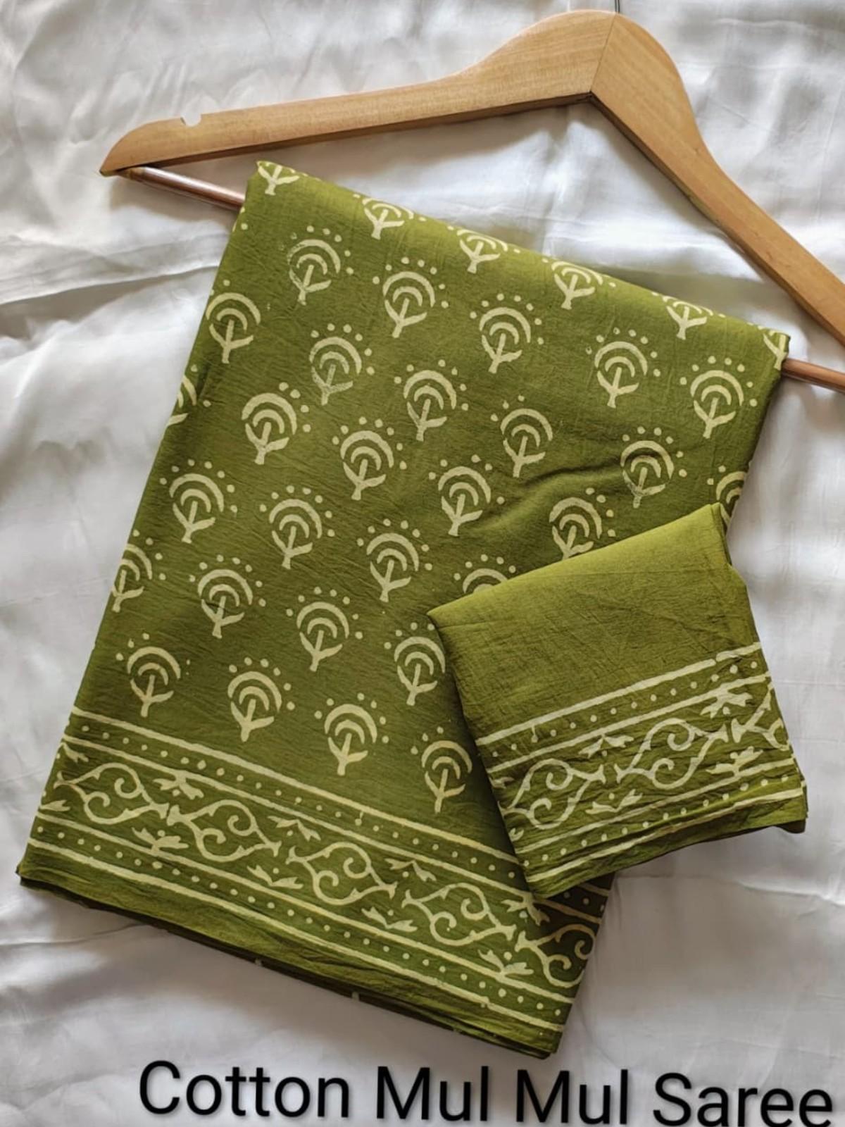 Hand Block Green Mul Cotton Block Print Saree Saree
