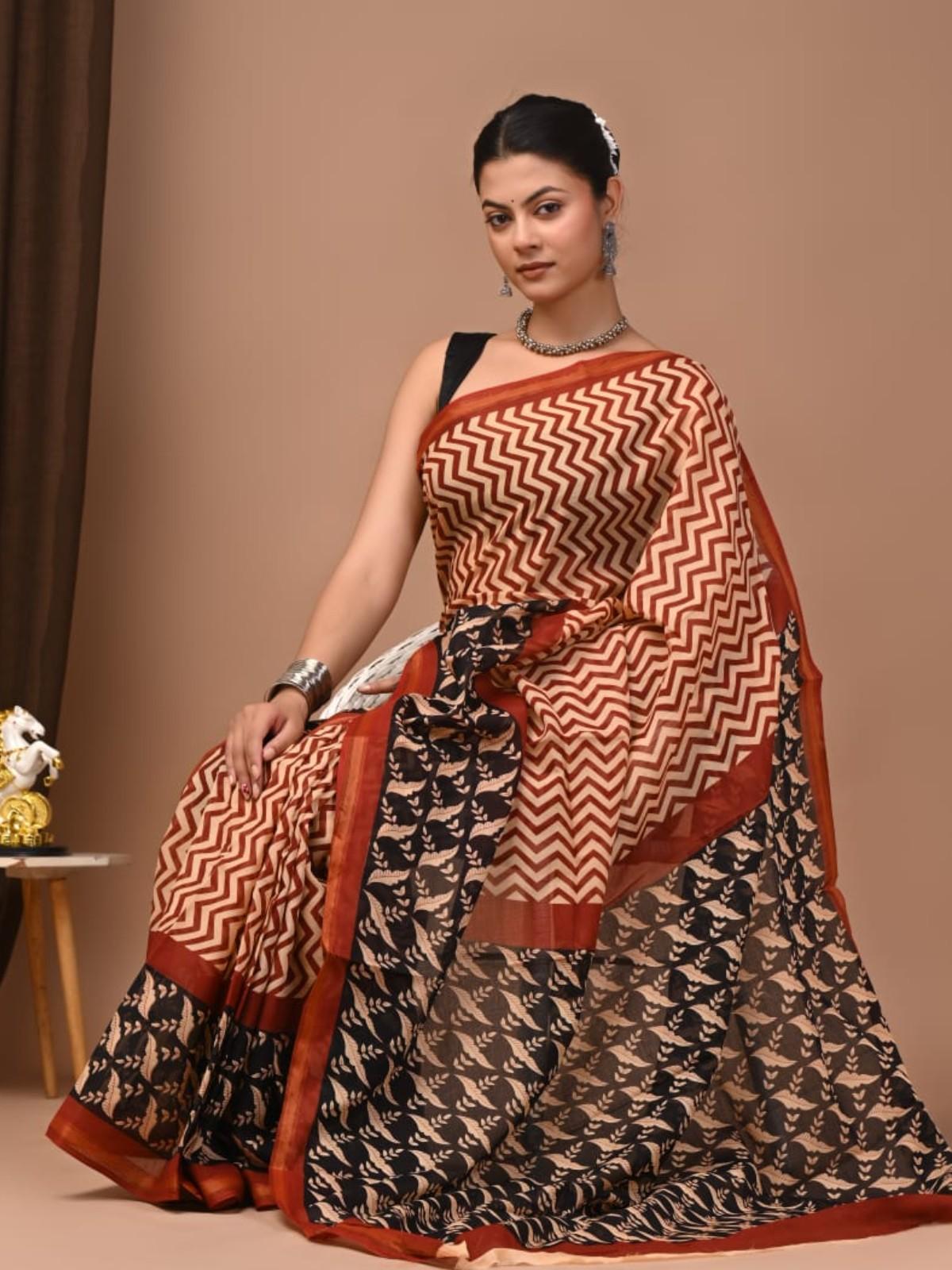 Black And Rust Chevron Print Saree