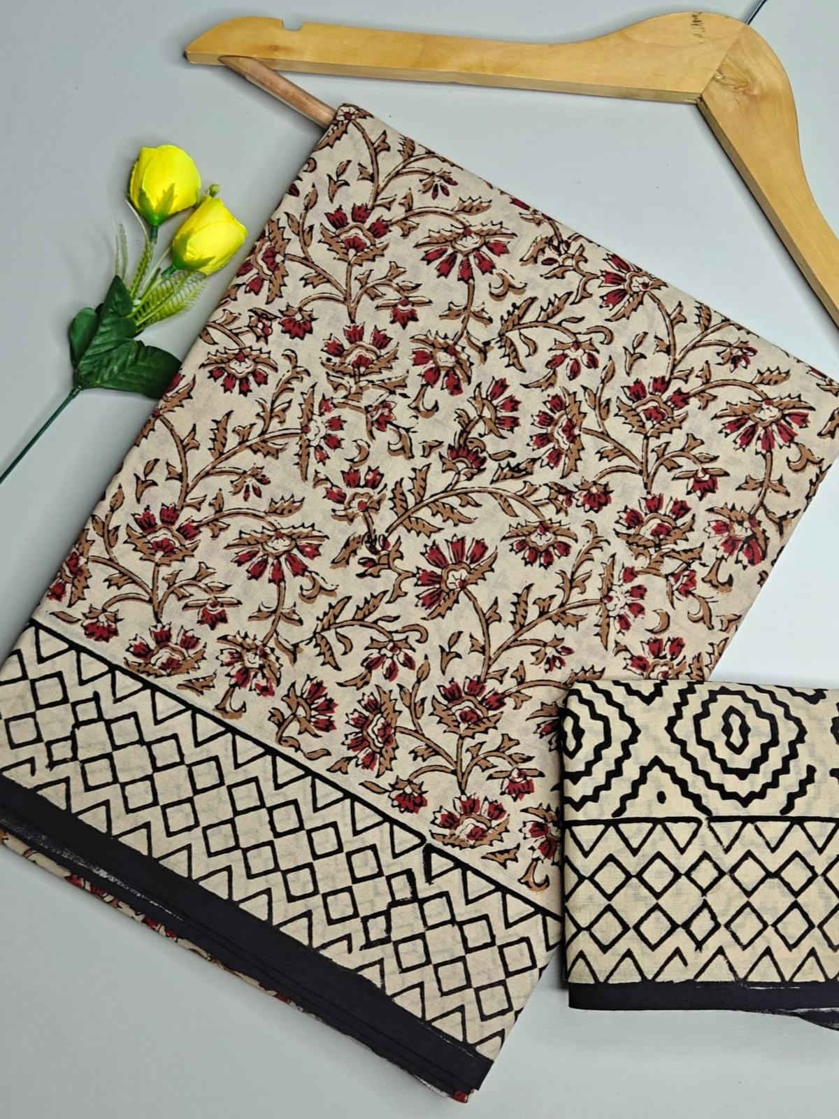Hand Block Beige Floral Print Saree
