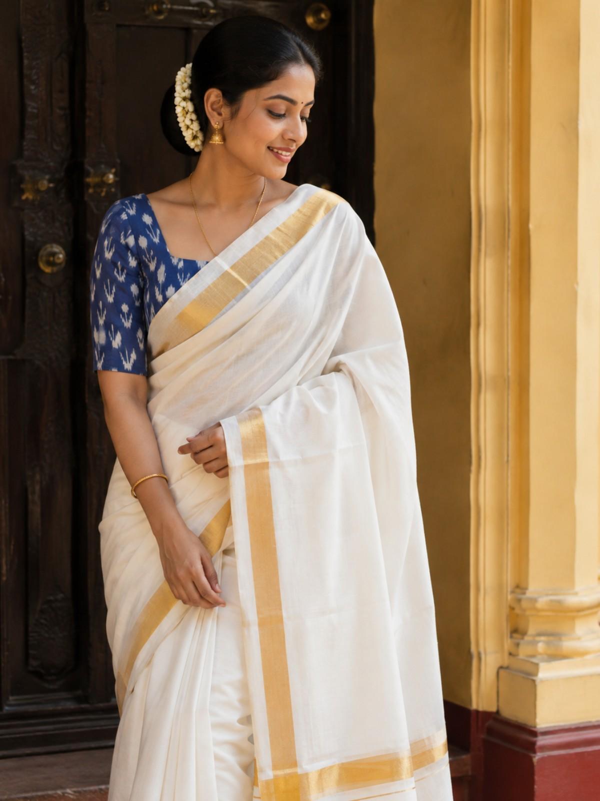 Onam White Cotton Saree With Gold Border