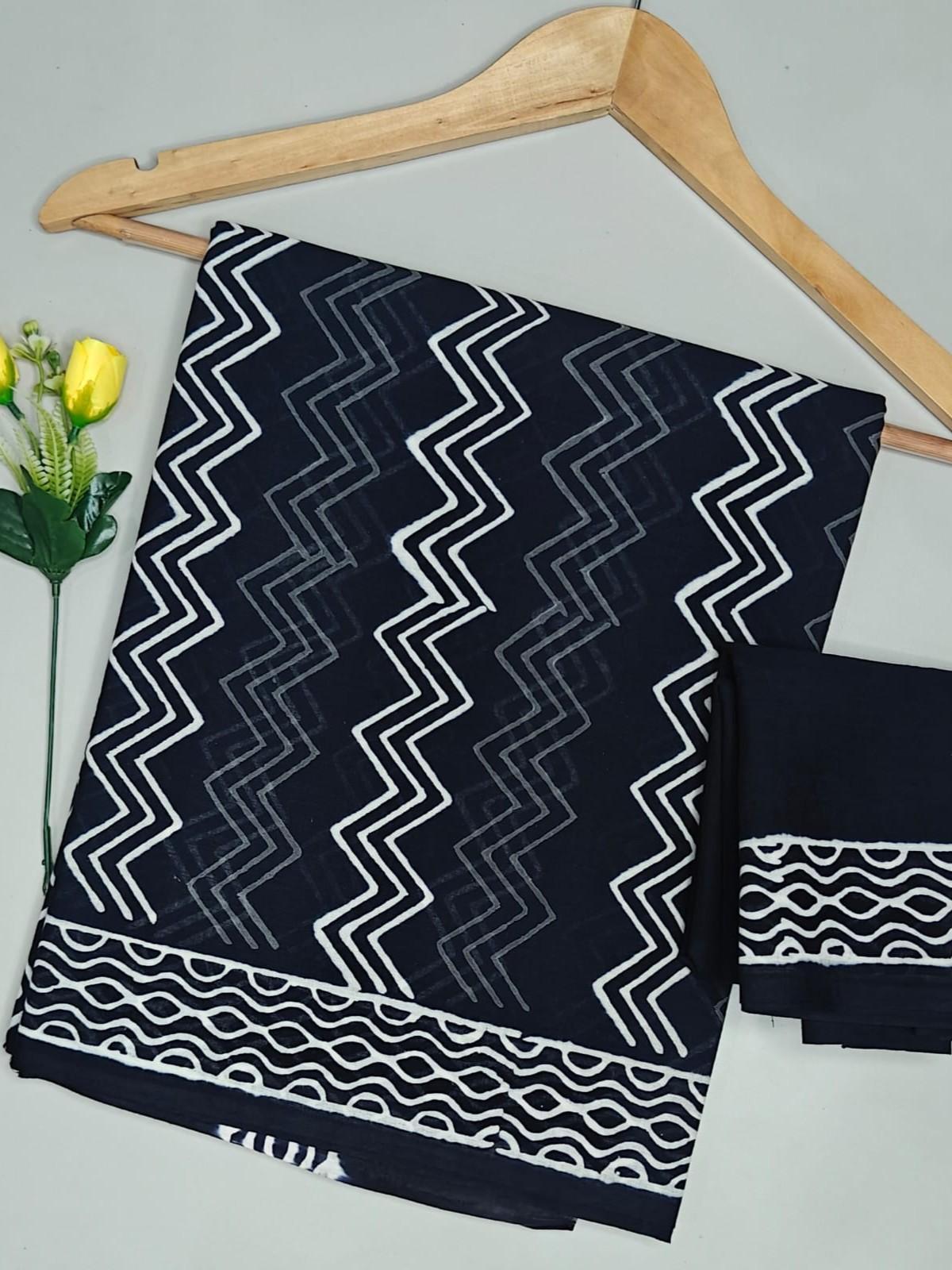 Hand Block Navy Blue Zigzag Print Cotton Saree