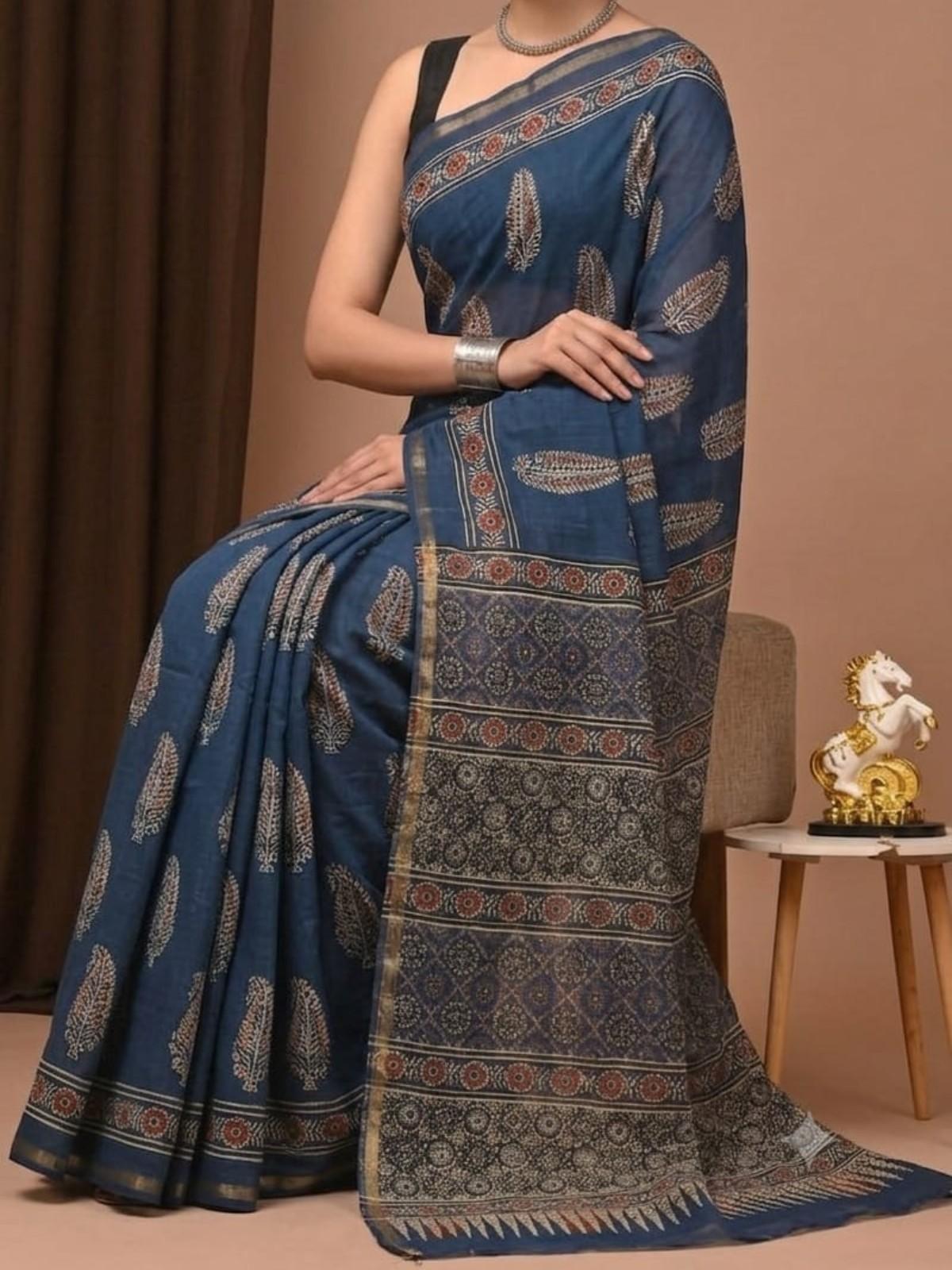Indigo Blue Hand Block Print Saree