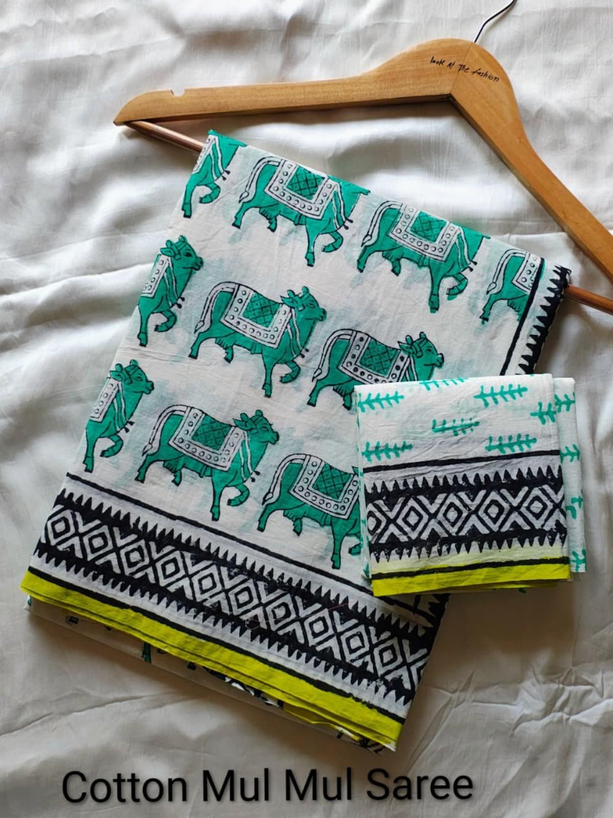 Hand Block Teal Bull Print Mul Cotton Saree