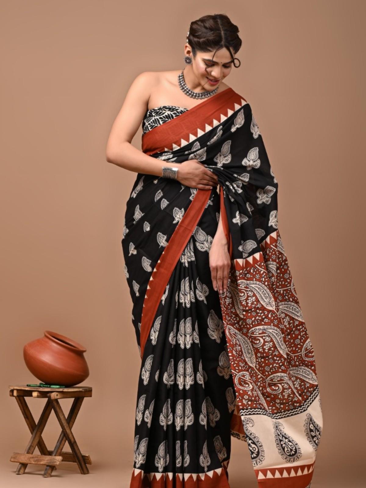 Mul Black And Rust Hand Block Print Saree