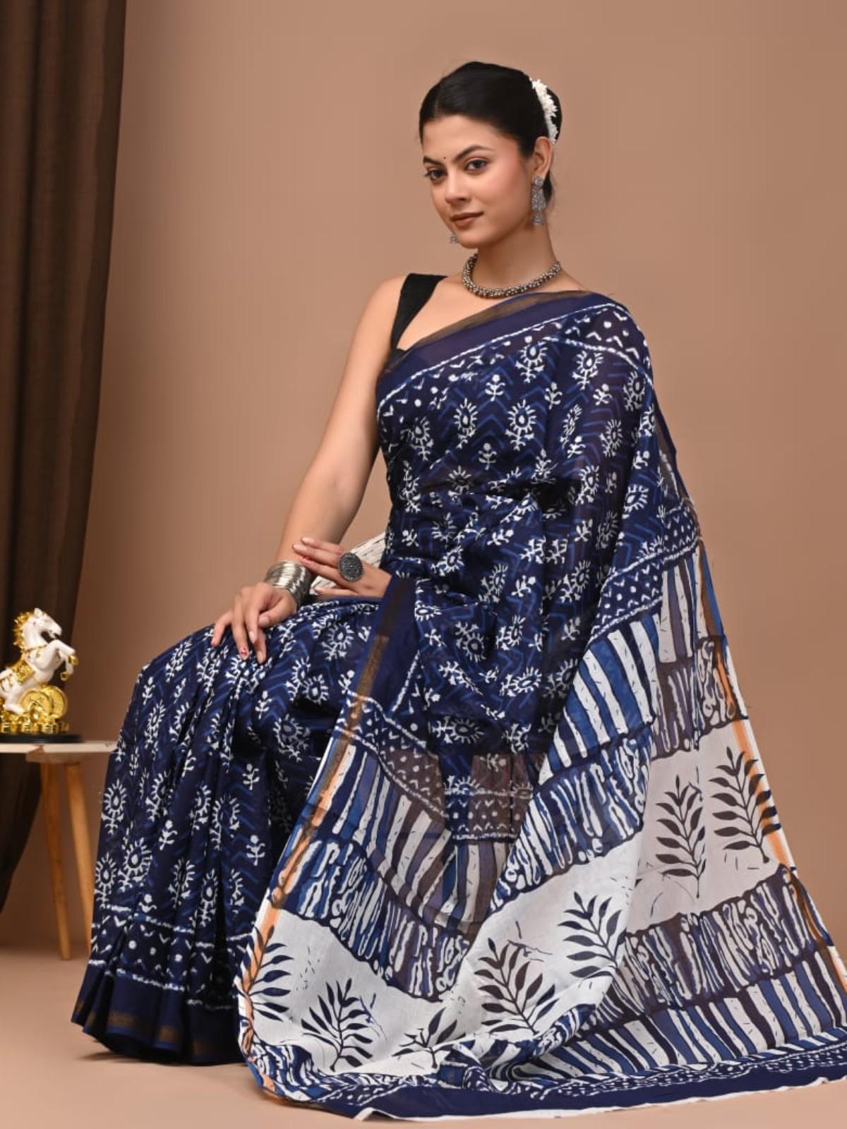 Navy Blue Printed Cotton Saree