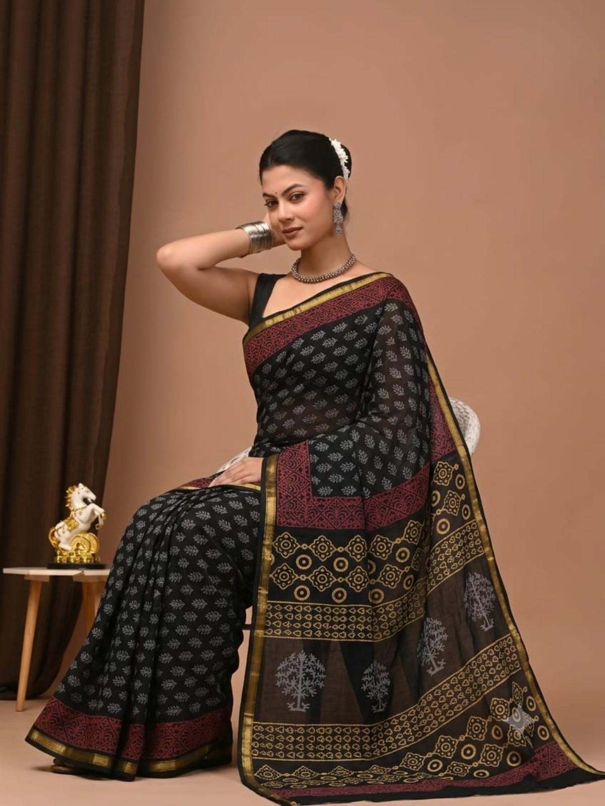 Black Printed Cotton Saree