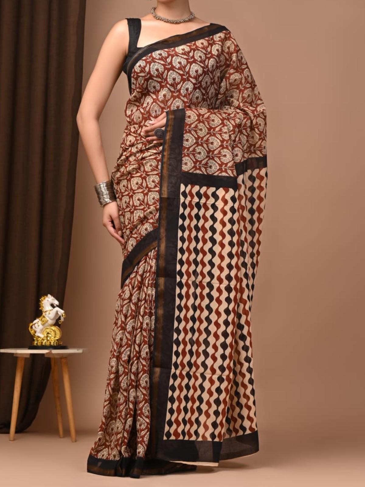 Rust & Black Printed Saree