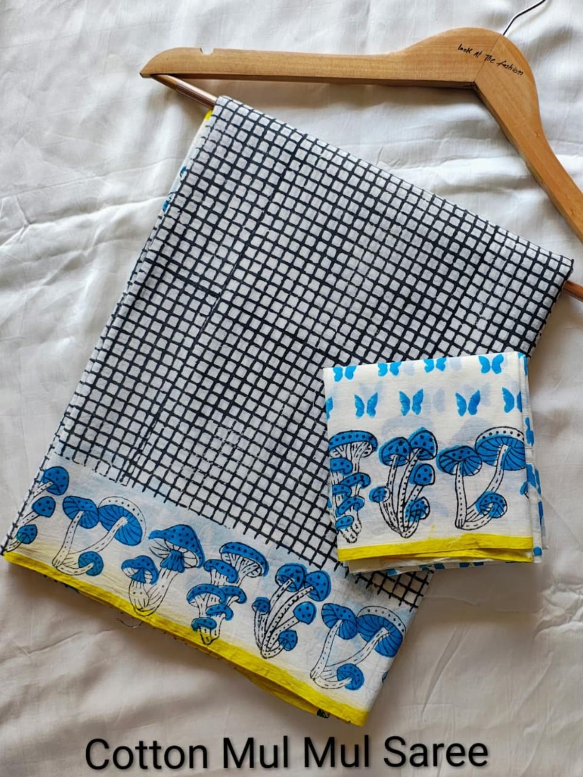 Hand Block Black Grid Blue Mushroom Mul Cotton Saree