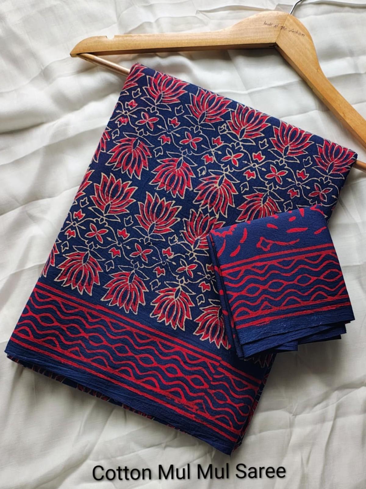 Hand Block Navy Blue Mul Cotton Floral Saree