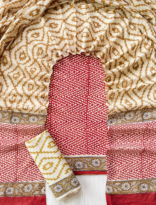 Red & Mustard Jaipur Cotton Chudithar Material with Geometric Printed Cotton Dupatta