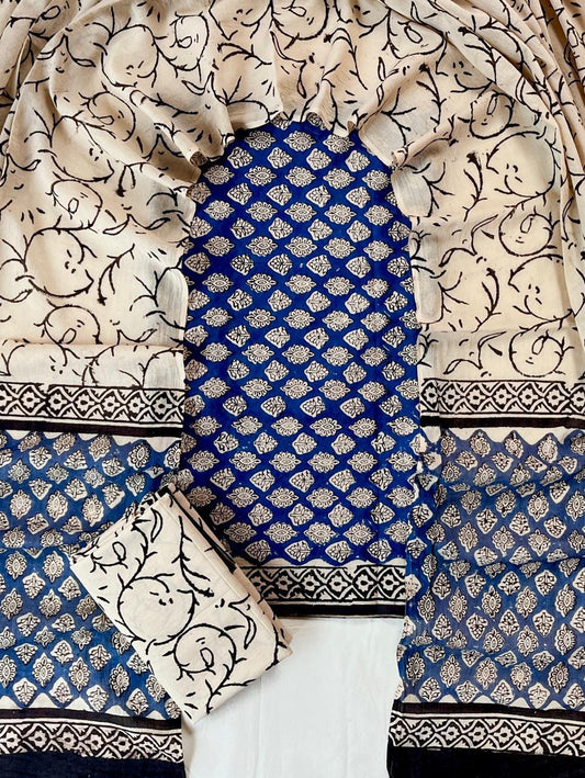 Royal Blue Jaipur Cotton Chudithar Material with Elegant Floral Cotton Dupatta