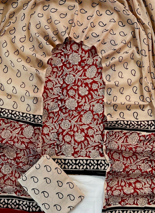 Maroon Floral Jaipur Cotton Chudithar Material with Beige Printed Dupatta