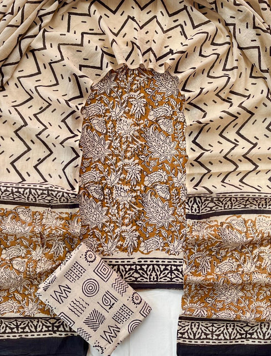 Mustard Brown Floral Jaipur Cotton Chudithar Material with Geometric Print Dupatta
