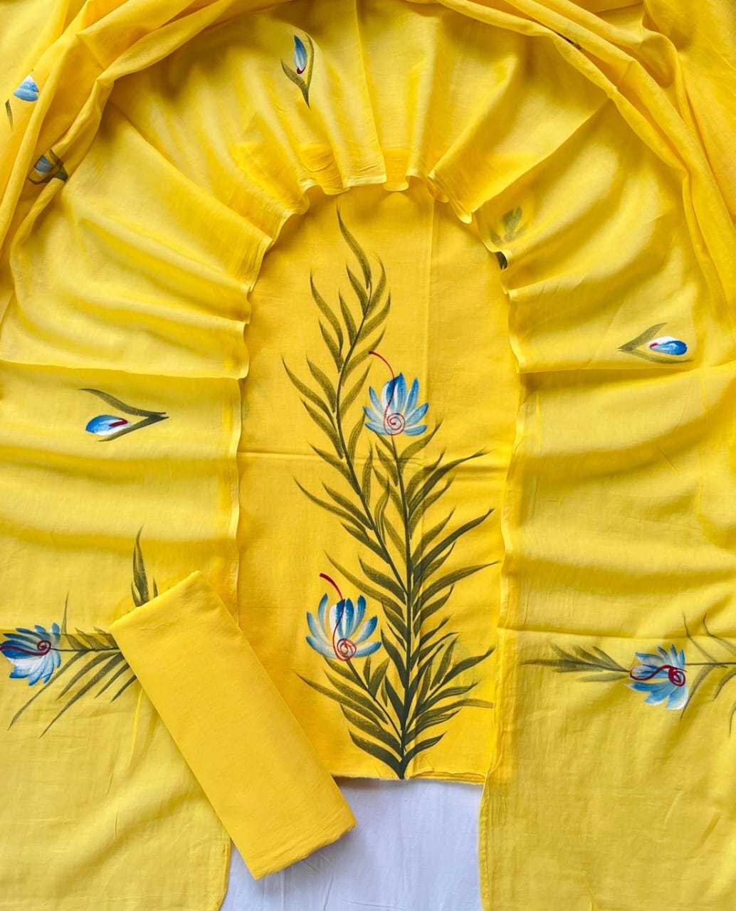 Sunshine Yellow Jaipur Cotton Chudithar Material with Hand-Painted Floral Dupatta