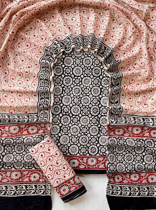 Elegant Black & Red Floral Jaipur Cotton Chudithar Material with Printed Dupatta