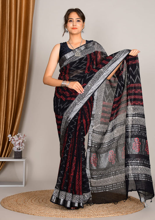 Elegant Black & Red Linen Cotton Saree with Intricate Woven Border