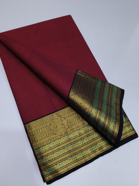 Regal Radiance: Red Wine with Blue Zari Border Saree